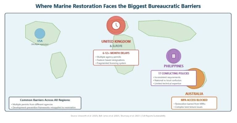 World map showing marine restoration regulatory barriers in UK (6-12 month delays), Australia (MPA access blocked), and Philippines (17 conflicting policies)